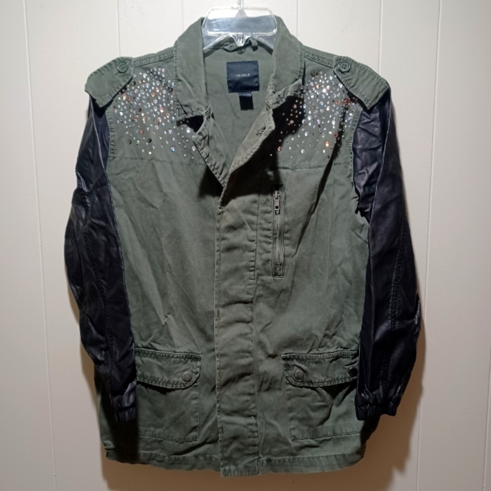 Forever 21 Olive Green Moto Black Faux Leather Rhinestone Embellished Jacket